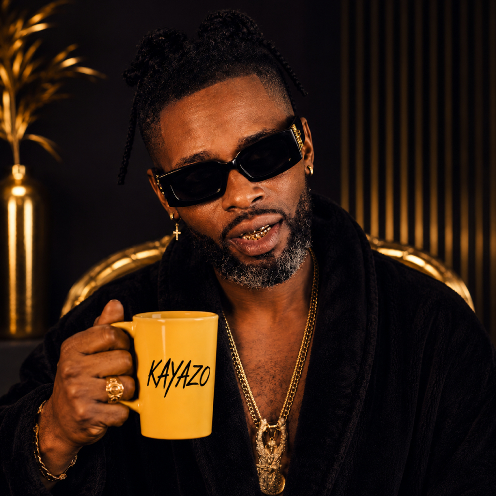 KAYAZO en peignoir noir, mug jaune KAYAZO à la main, lunettes noires et chaînes dorées